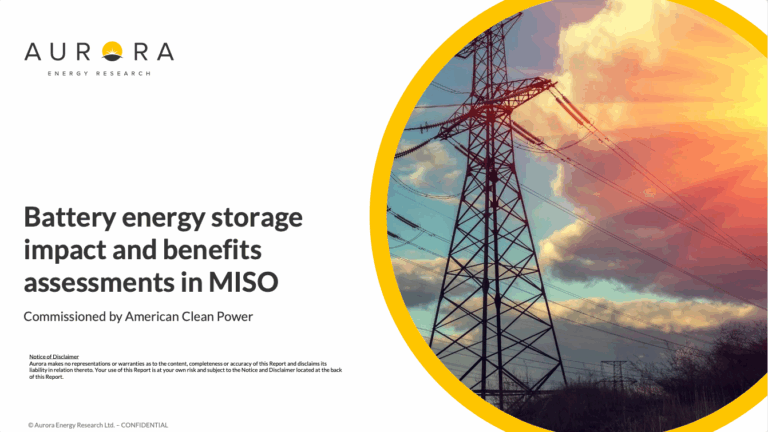 Cover slide of a report titled ‘Battery energy storage impact and benefits assessments in MISO,’ commissioned by American Clean Power and prepared by Aurora Energy Research. The slide features a large transmission tower with power lines against a partly cloudy sky with sunlight, framed by a circular yellow border on the right.