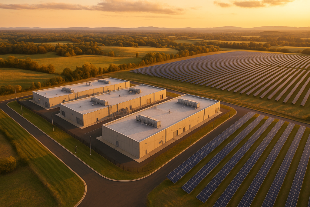 AI composition of an aerial drone photograph of a modern data center complex with adjacent solar farm in rural Virginia, shot during golden hour with warm natural lighting. The data center features plain industrial architecture with large rectangular buildings, minimal windows, and basic security fencing - focusing on the simple, utilitarian design typical of actual facilities. A 100-200 MW solar photovoltaic installation is positioned nearby, showing organized rows of solar panels extending across gently rolling Virginia countryside. The composition shows the data center as the main focal point from a 45-degree angle at approximately 500 feet altitude, captured with a wide-angle lens. Rolling hills with mixed deciduous trees, farmland, and rural Virginia landscape. Well-maintained access roads and proper setbacks between facilities. Keep transmission infrastructure minimal and simple. Photo-realistic quality with vibrant but natural golden hour colors, sharp details, and professional lighting. No text, logos, or branding visible.