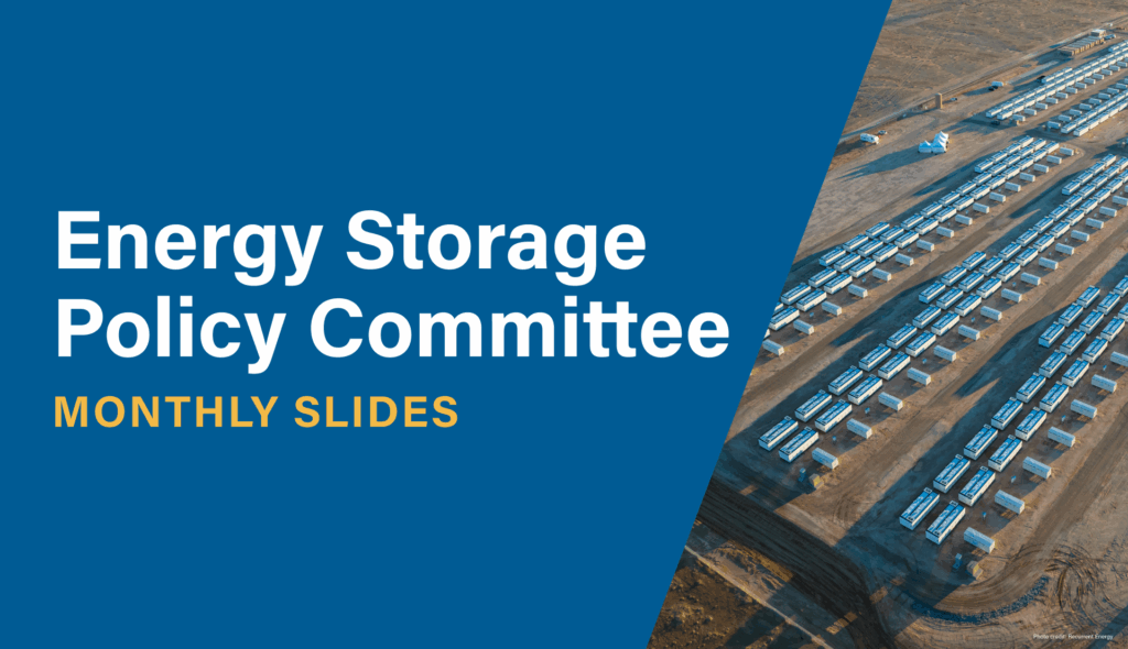 Slide titled “Energy Storage Policy Committee Monthly Slides” featuring a large battery storage facility in a desert landscape. The layout shows hundreds of white battery units arranged in rows, with long shadows cast by the early morning or late afternoon sun. A blue overlay on the left contains the text, and the photo is credited to Recurrent Energy.
