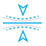 stylized blue icon showing two arrows on either side of a curved dotted blue line facing each other